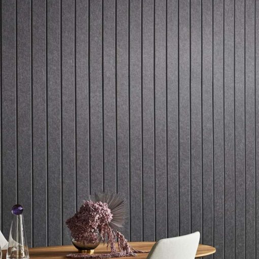 Woven image longitude acoustic panels in grey behind table
